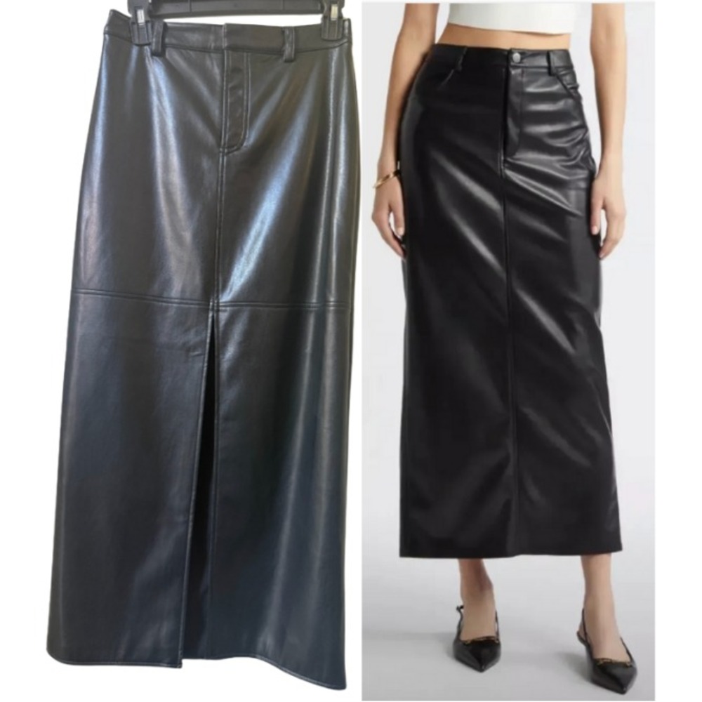 Open Edit Nordstrom Women's Size 2 Black Faux Leather Front Slit Midi Skirt
